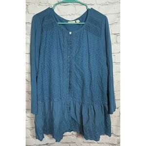 LOGO Lavish Blue Embroidered Lace Tiered Button Front Long Sleeve Tunic Top L